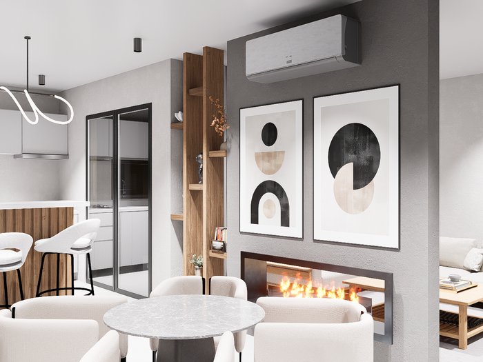 Living moderno con chimenea